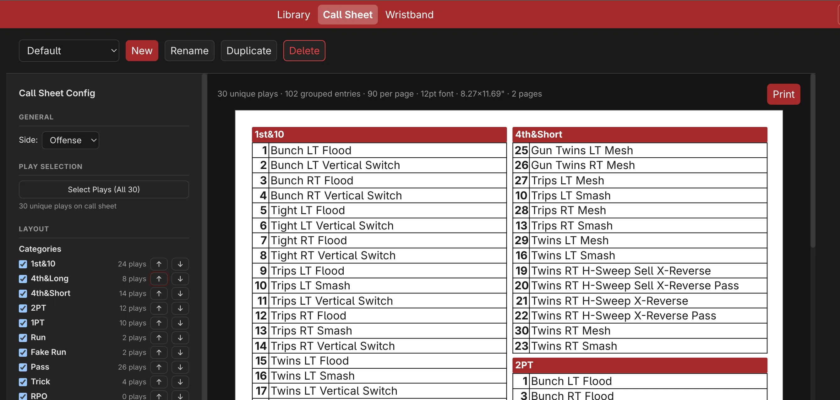 Call sheet preview with plays grouped by 1st&10, 4th&Short and 2PT, numbered 1 to 30 with shared numbering
