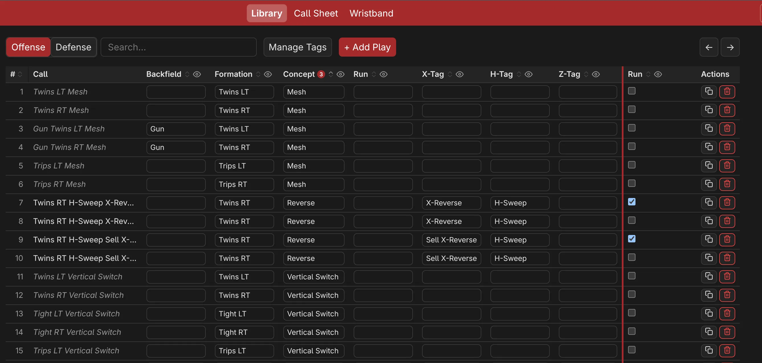 3865 Plays Library: the offense play table with Backfield, Formation and Concept tag columns, search box, and offense/defense toggle
